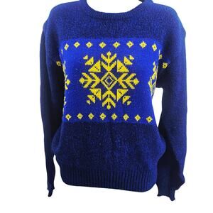 Vintage 70s Ski Sweater Blue Yellow Fair Isle Winter Pullover Womens M 3952